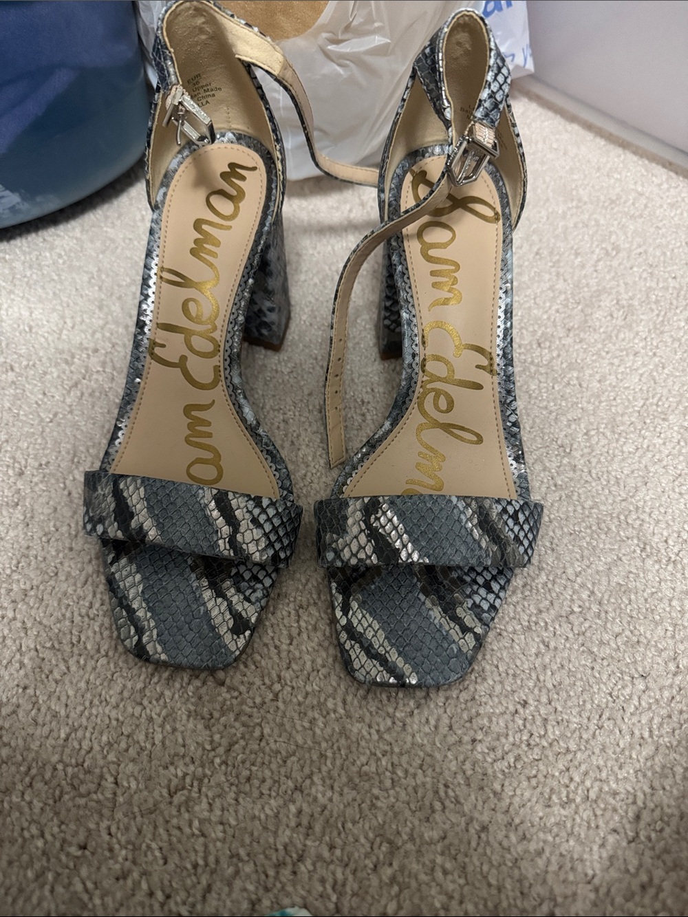 Sam Edelman Snake-Print Block Heel Sandals in Gray and Cream